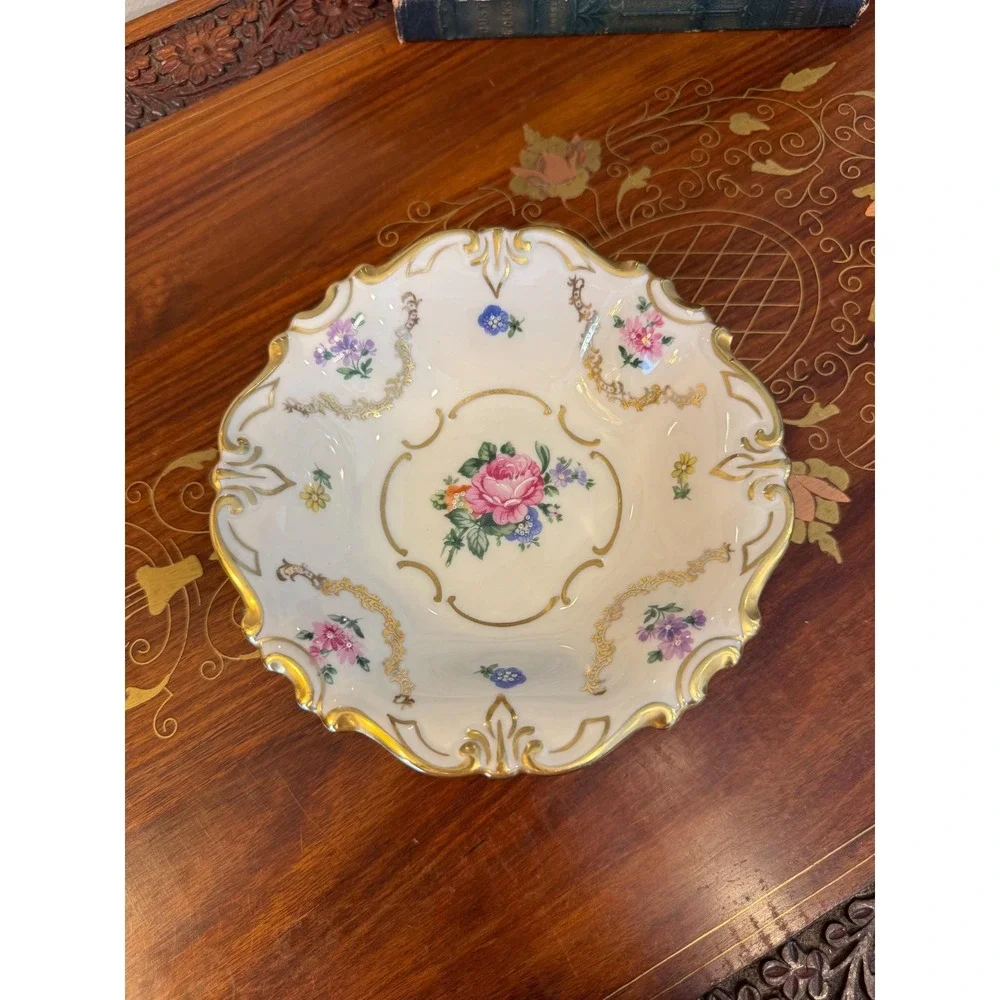 Vintage German Porcelain Trinket Dish, JLMenau Floral Gilt‎ Vanity Bowl